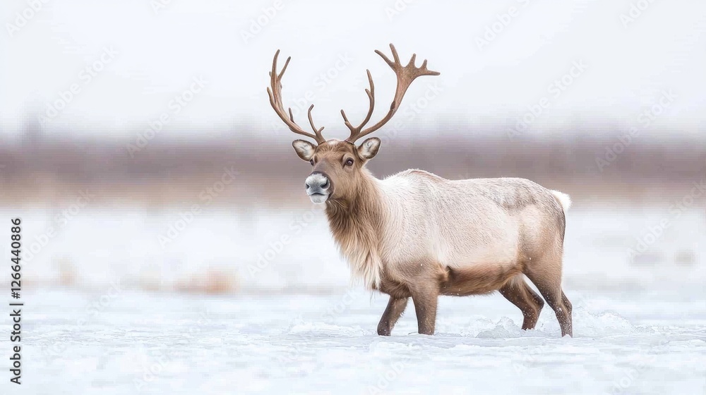 Reindeer walking winter snow field, wildlife Reindeer walking winter snow field, wildlife