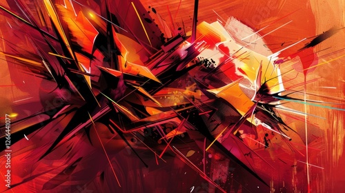 abstract image with red and orange colors using harsh lines and sharp shapes representing anger, Style Abstract, Colors red, orange, Composition off center, Details sharp lines, angular shapes