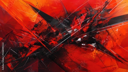 abstract image with red and orange colors using harsh lines and sharp shapes representing anger, Style Abstract, Colors red, orange, Composition off center, Details sharp lines, angular shapes