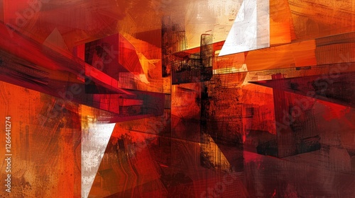 abstract image with red and orange colors using harsh lines and sharp shapes representing anger, Style Abstract, Colors red, orange, Composition off center, Details sharp lines, angular shapes