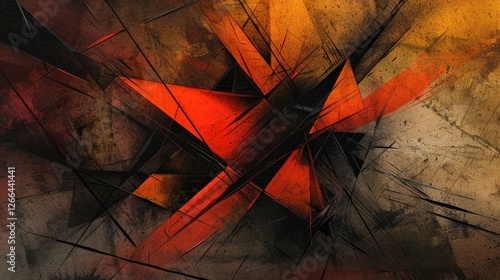 abstract image with red and orange colors using harsh lines and sharp shapes representing anger, Style Abstract, Colors red, orange, Composition off center, Details sharp lines, angular shapes