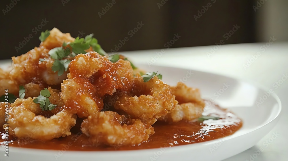 Crispy Shrimp Served in a Rich Sauce Garnished With Fresh Herbs at a Restaurant Setting During Mealtime Crispy Shrimp Served in a Rich Sauce Garnished With Fresh Herbs at a Restaurant Setting During Mealtime