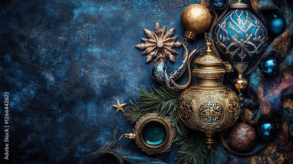 Fototapeta premium Blue Christmas ornaments, teapot, and fabric on dark background