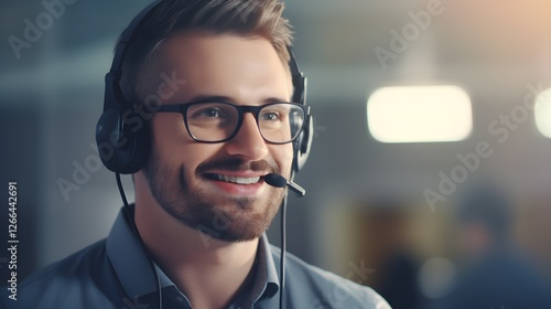 Smiling Customer Service Representative with Headset and Glasses Business Support Help Desk Agent