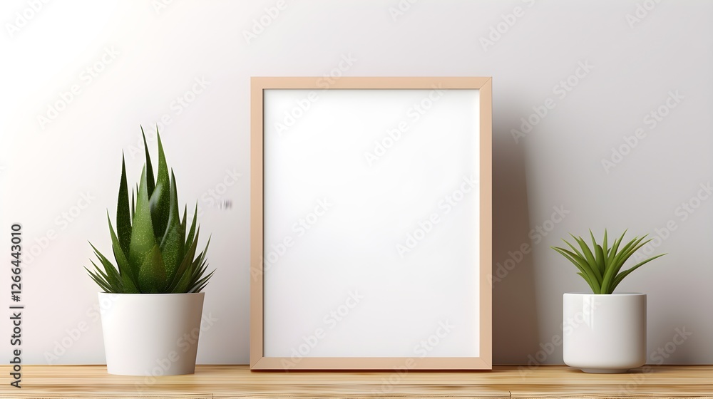 Blank Beige Frame Mockup with Two Succulents on Wooden Tabletop Blank Beige Frame Mockup with Two Succulents on Wooden Tabletop