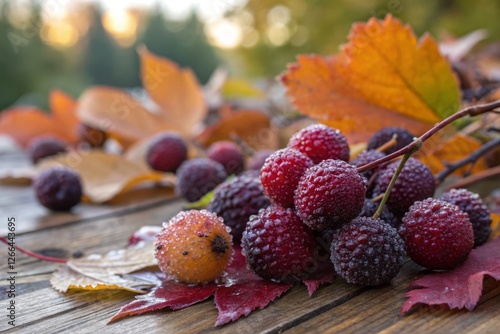 Vibrant Knobkerry Still Life: Jewel-Toned Berries & Autumnal Hues photo