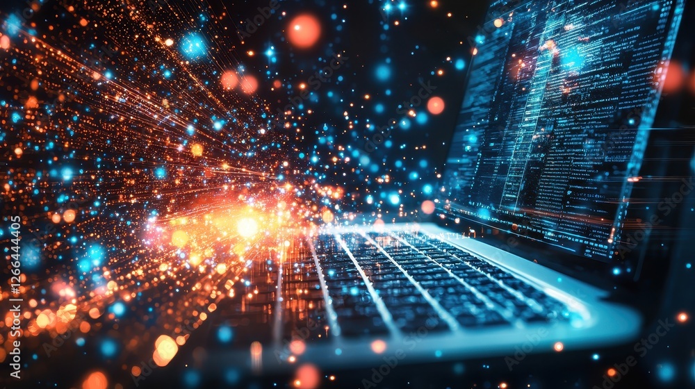 Dynamic representation of data transfer and digital connectivity with vibrant particles emerging from a laptop keyboard Dynamic representation of data transfer and digital connectivity with vibrant particles emerging from a laptop keyboard