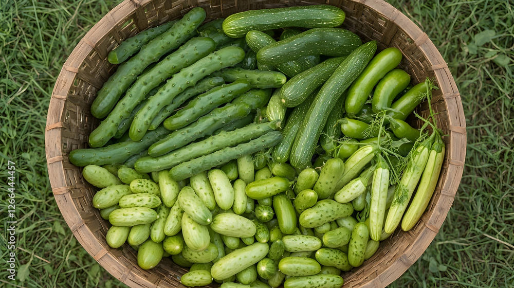 Freshly harvested cucumbers in a basket, outdoors on grass. Use Food blogs, recipes, healthy eating Freshly harvested cucumbers in a basket, outdoors on grass. Use Food blogs, recipes, healthy eating