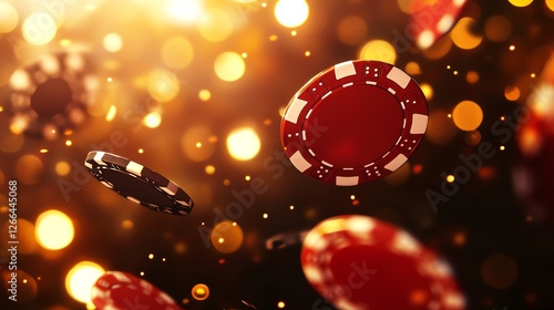 Floating poker chips in golden atmosphere. photo