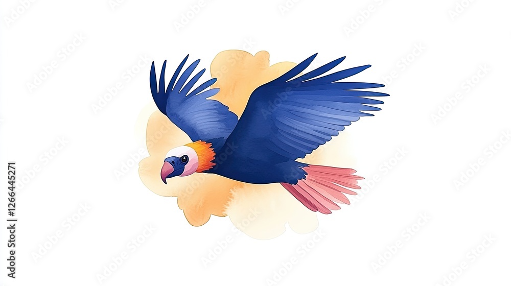 Fototapeta premium Colorful bird in mid-flight against a soft pastel background, showcasing freedom and nature's beauty