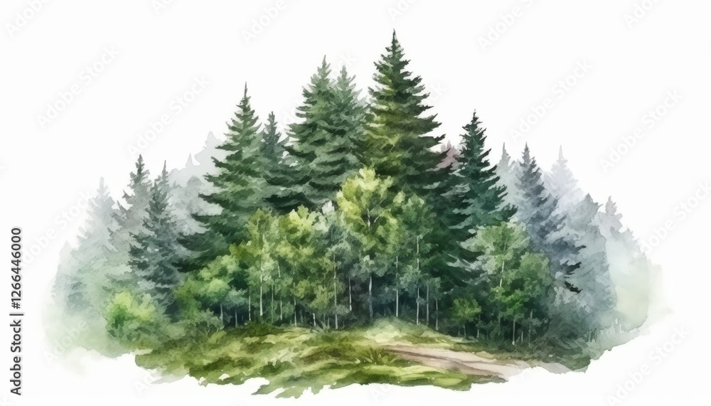 Obraz premium Watercolor forest scene with towering evergreens and lush foliage on a serene, isolated background