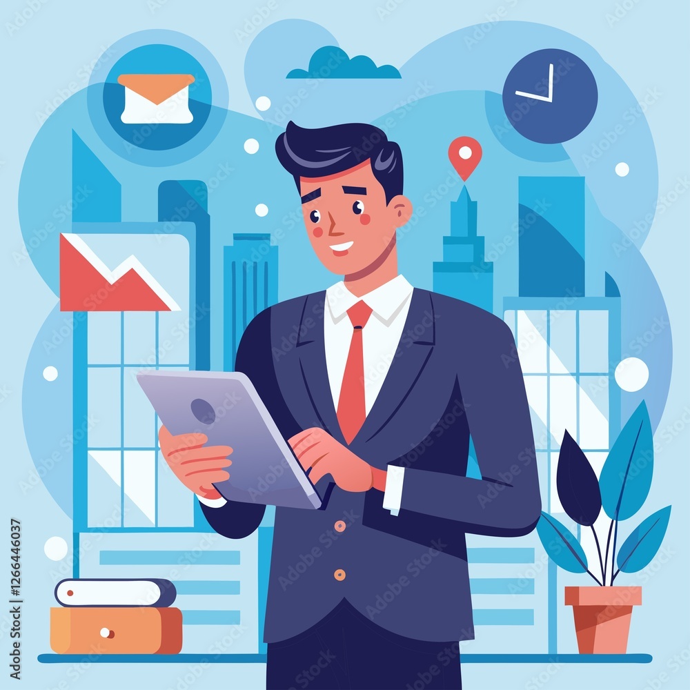 A businessman reviews trending notifications on his tablet while standing in a contemporary office environment, displaying enthusiasm A businessman reviews trending notifications on his tablet while standing in a contemporary office environment, displaying enthusiasm