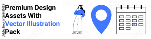 Free Download Woman standing thoughtfully, blue location marker, calendar with checkmark. Ideal for marketing, planning, organization, productivity, navigation business and technology. Flat landing page banner - GFXLoad