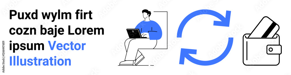 Person in blue shirt working on laptop, arrows forming a circular loop, card inserted into wallet. Ideal for finance, technology, online banking, e-commerce, transactions, digital wallets payment Person in blue shirt working on laptop, arrows forming a circular loop, card inserted into wallet. Ideal for finance, technology, online banking, e-commerce, transactions, digital wallets payment