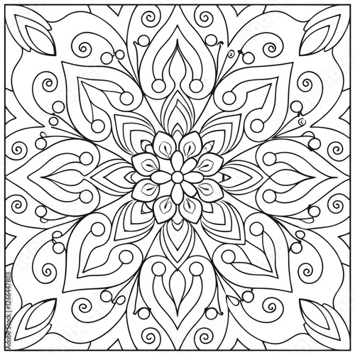 Intricate Floral Mandala Coloring Page: Detailed Flower Design, Geometric Patterns, Stress Relieving Art Therapy, Printable Relaxation Activity