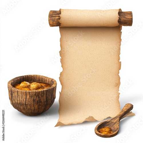 Rustic Wooden Bowl Of Soup With Antique Scroll And Spoon, Generative AI.