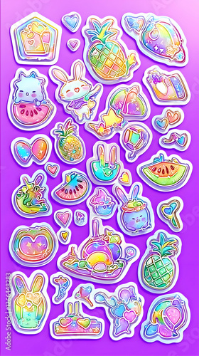 Colorful summer fruit and animal stickers sheet; pastel rainbow design; crafting background; ideal for scrapbooking or stationery