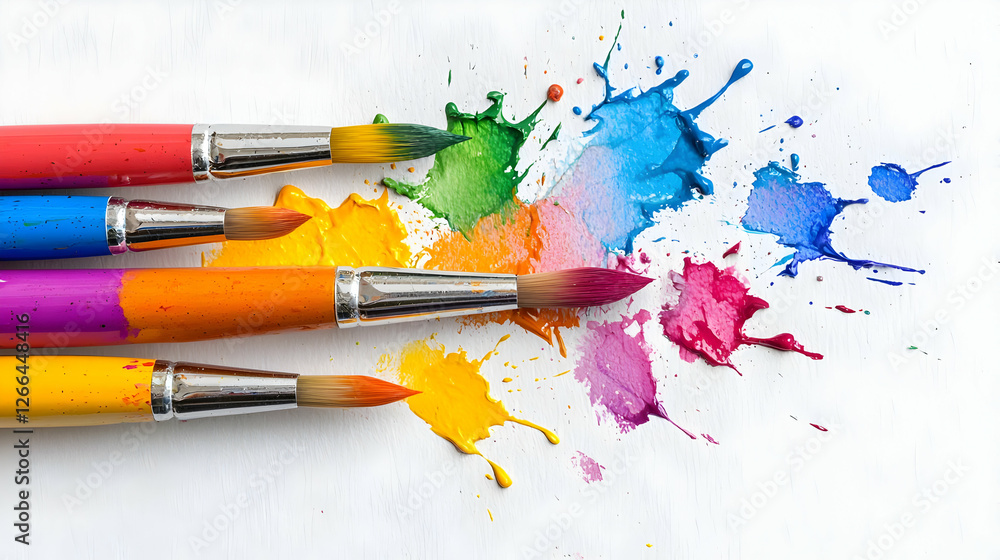 Fototapeta premium Colorful paintbrushes and vibrant splatters on white background; art supplies