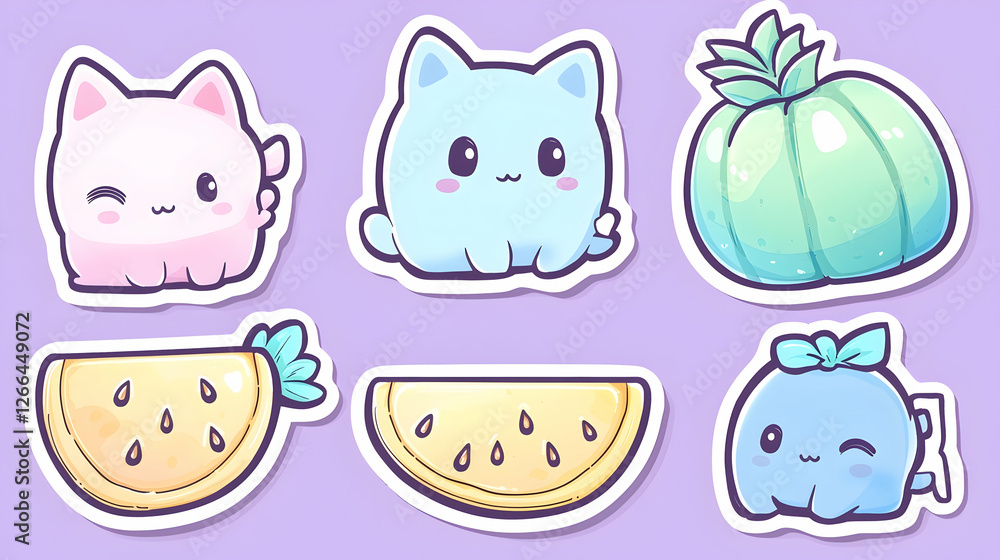 Obraz premium Cute cartoon stickers of cats, fruits, and a pumpkin; perfect for kids' stationery, social media, or digital designs