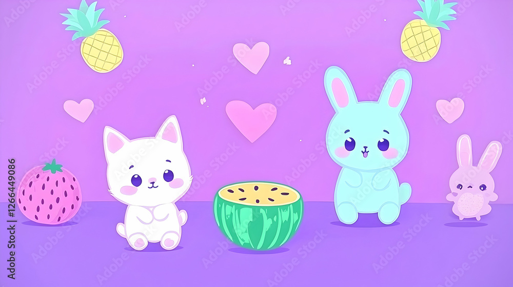 Cute cartoon cat and bunnies enjoying summer fruits. Perfect for kids' books, websites, or social media Cute cartoon cat and bunnies enjoying summer fruits. Perfect for kids' books, websites, or social media