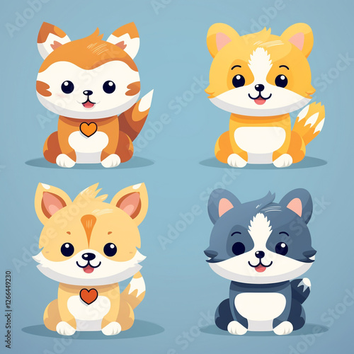 Cute cartoon animals sit on a light background. 2D flat illustration.