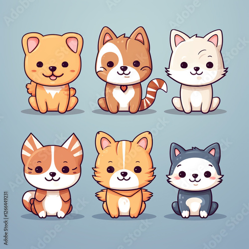Cute cartoon animals sit on a light background. 2D flat illustration.
