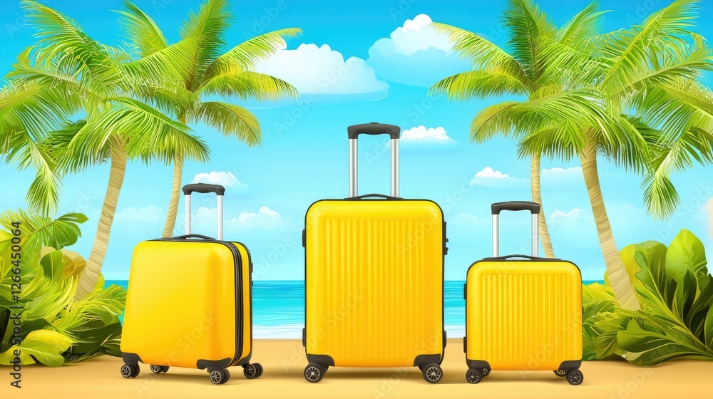 Fototapeta premium Three vibrant yellow suitcases on a sandy beach with palm trees and ocean backdrop