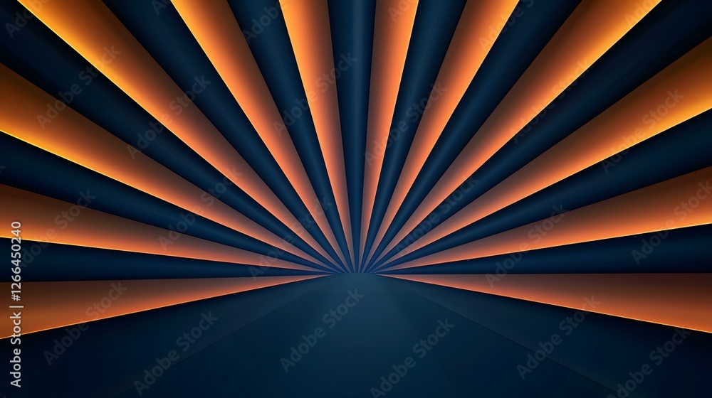 Obraz premium The image contains an abstract design of radiating orange and dark blue stripes converging towards a central point.