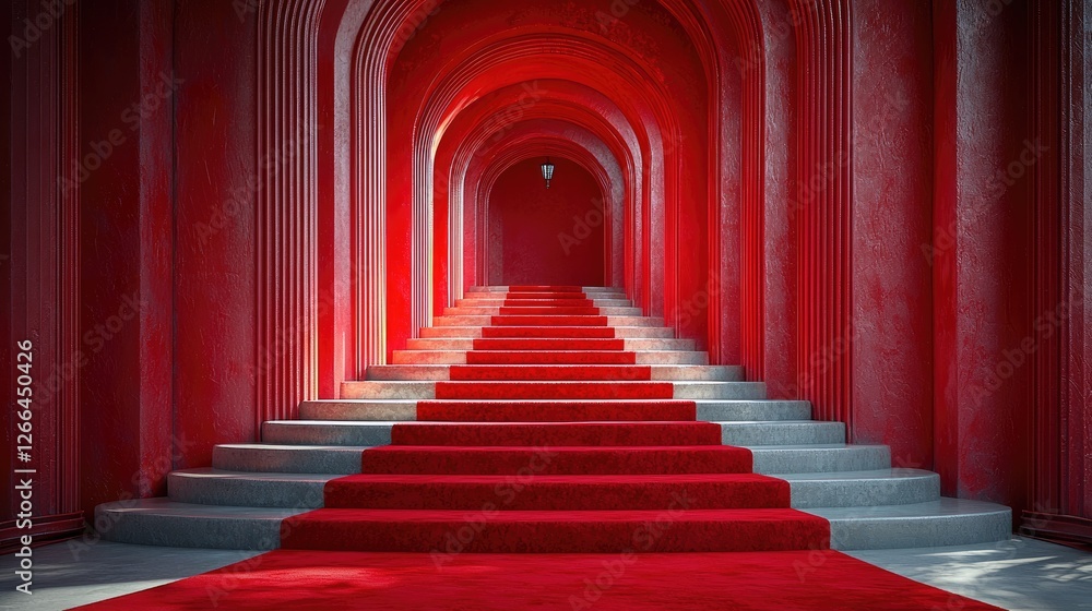 Grand red staircase leading to an illuminated archway, symbolizing elegance and grandeur Grand red staircase leading to an illuminated archway, symbolizing elegance and grandeur