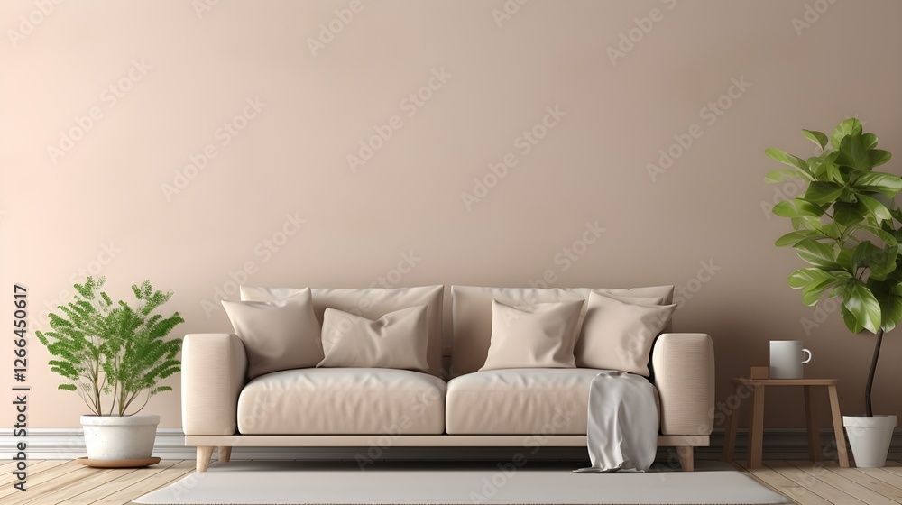 Fototapeta premium Modern Beige Sofa in Minimalist Living Room Interior Design with Plants