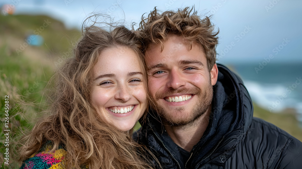 Happy couple smiling outdoors, coastal background, relationship Happy couple smiling outdoors, coastal background, relationship