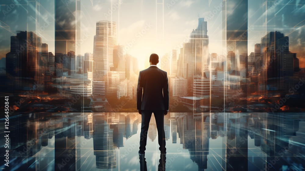 Fototapeta premium Ambitious Businessman Contemplating Future Cityscape Sunrise Modern Business Success