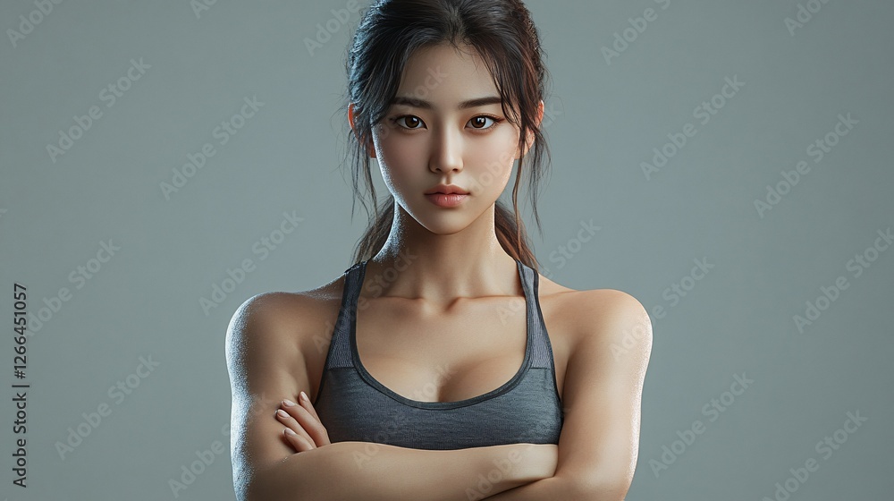 Fototapeta premium Athletic Woman Portrait Studio Shot Grey Background