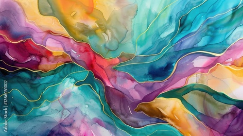 abstract watercolor painting, flowing lines, fluid shapes, with hints of gold and white details, bright colours, turquoise teal purple pink yellow red green, soft edges, dreamy
