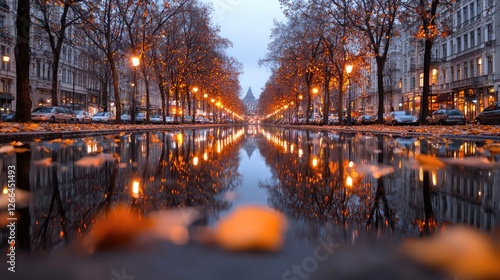Autumn evening street reflection, city lights, Paris