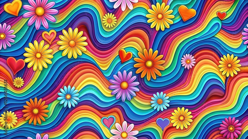 Fototapeta premium Vibrant Rainbow Waves with Colorful Flowers and Hearts A Psychedelic Floral Pattern Design