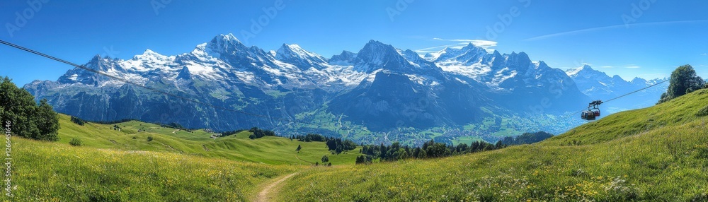 Fototapeta premium A panoramic view of majestic snow-capped mountains under a bright blue sky, surrounded by lush green fields and a winding path.