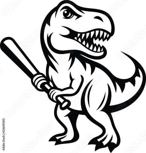 Cute T-Rex dinosaur holding a baseball bat silhouette vector illustration, T-Rex dinosaur holding a baseball bat line art vector icon design