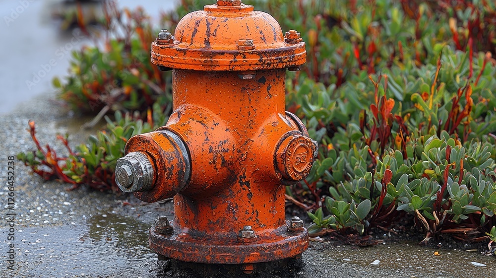 Vibrant orange fire hydrant amidst lush green ground cover in an urban landscape Vibrant orange fire hydrant amidst lush green ground cover in an urban landscape