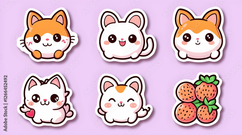 Adorable cartoon cat stickers and strawberries on a purple background. Perfect for children's products, greeting cards, and social media Adorable cartoon cat stickers and strawberries on a purple background. Perfect for children's products, greeting cards, and social media