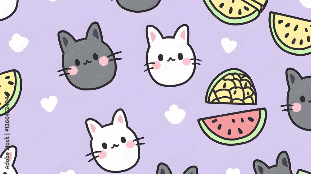 Fototapeta premium Cute cats and watermelon slices pattern, summer background, ideal for textile design or children's products