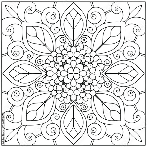 Intricate Floral Mandala Coloring Page: Detailed Flower Design with Leaves and Swirls for Relaxation and Creative Art Therapy