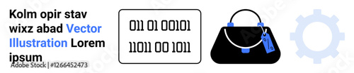 Binary code block, elegant handbag with tag, and faint gear shape blend tech, fashion, and creativity. Ideal for e-commerce, digital branding, tech retail, innovation coding lifestyle flat landing