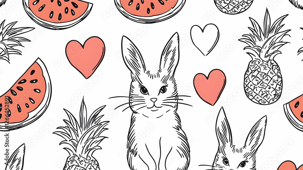 Fototapeta premium Cute bunny surrounded by watermelon and pineapple slices, hearts, summer pattern. Ideal for textile prints, cards, or summer-themed designs