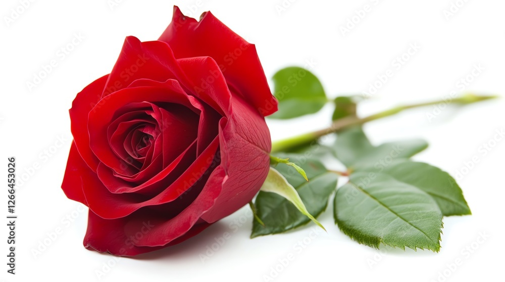 Single Red Rose With Green Leaves Resting on a White Surface, Symbolizing Love and Beauty Single Red Rose With Green Leaves Resting on a White Surface, Symbolizing Love and Beauty