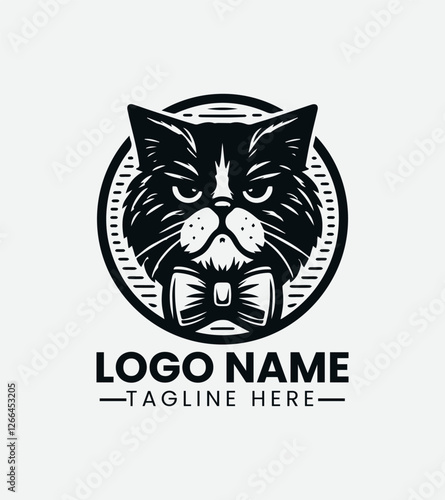 Grumpy Hipster Cat Logo Design, Sourpuss Cat Logo, Moody Feline Logo, Hipster Kitty Logo, Coffee Shop Cat Mascot