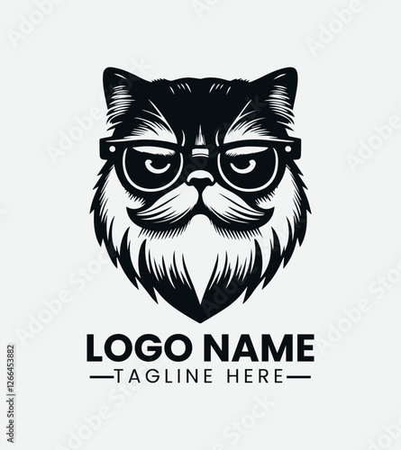Grumpy Hipster Cat Logo Design, Sourpuss Cat Logo, Moody Feline Logo, Hipster Kitty Logo, Coffee Shop Cat Mascot