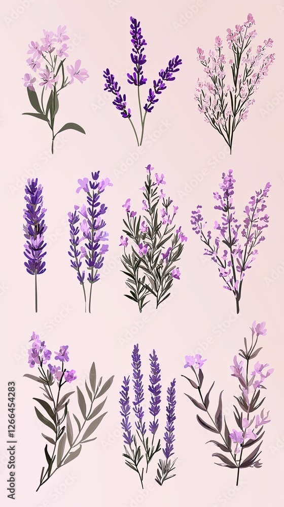 Naklejka premium A collection of beautifully illustrated lavender flowers arranged artistically on a soft pink background