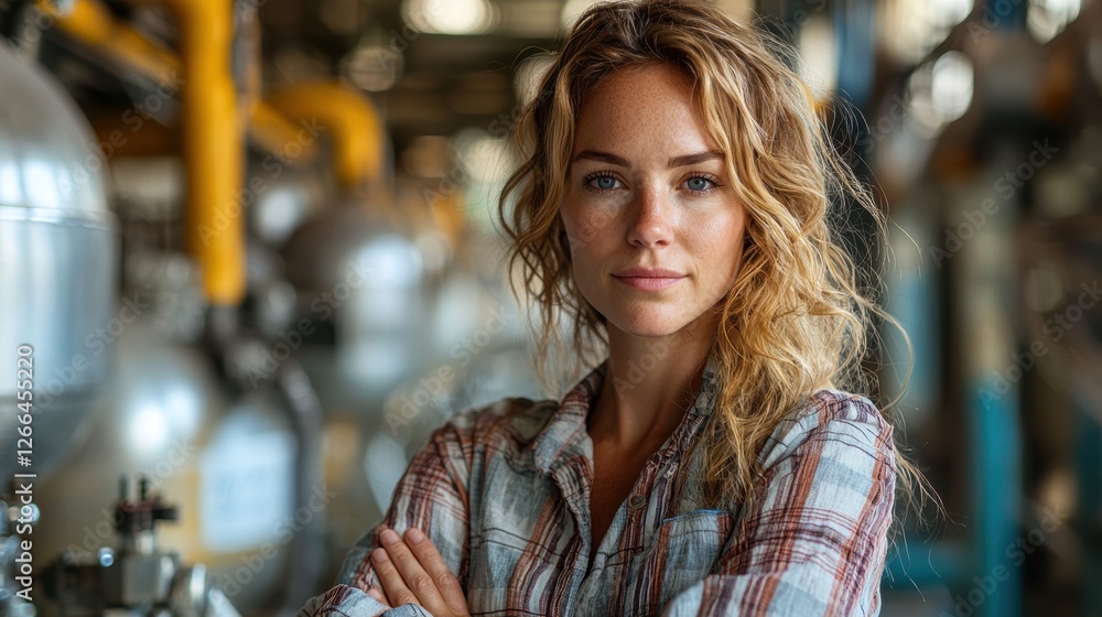 A woman with wavy hair poses confidently in an industrial setting. A woman with wavy hair poses confidently in an industrial setting.