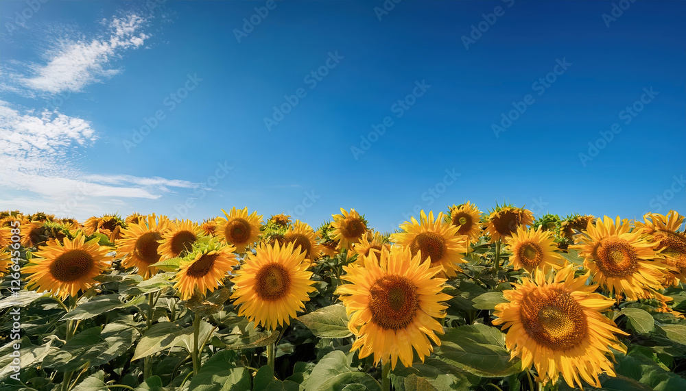 Fototapeta premium Vibrant sunflowers blooming under clear blue sky, exuding positivity and growth